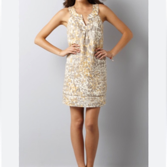 LOFT Soft Cream, Yellow & Gray Subtle Abstract Patterned Linen Mini Dress NWT 10 - Picture 1 of 12